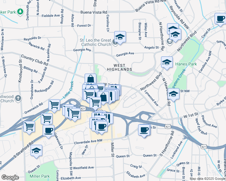 map of restaurants, bars, coffee shops, grocery stores, and more near 1920 West 1st Street in Winston-Salem