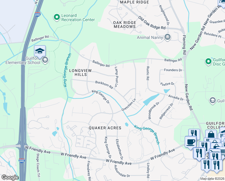 map of restaurants, bars, coffee shops, grocery stores, and more near 6015 Buckhorn Road in Greensboro
