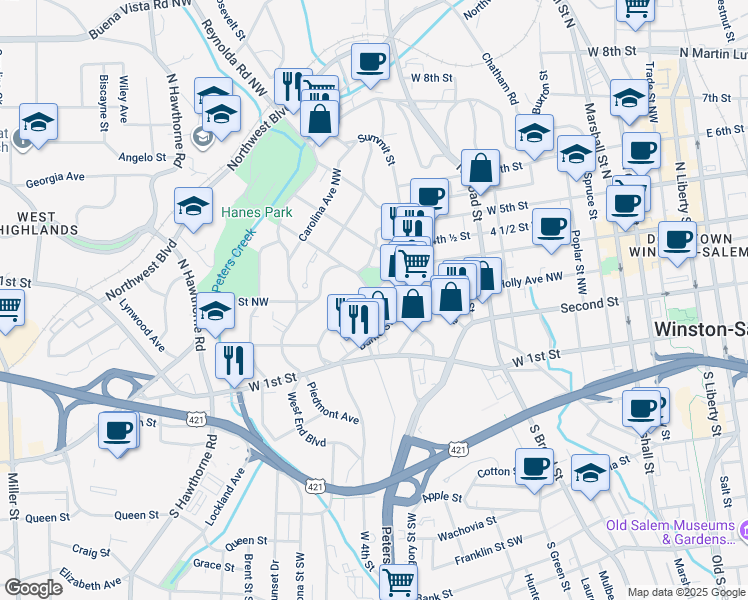 map of restaurants, bars, coffee shops, grocery stores, and more near 1013 Glade Street Northwest in Winston-Salem