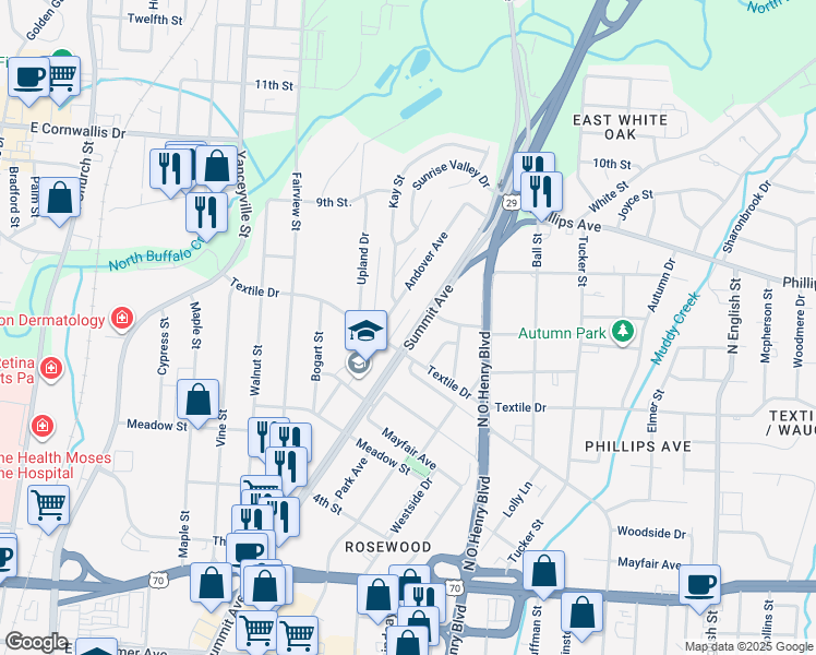 map of restaurants, bars, coffee shops, grocery stores, and more near 1507 Summit Avenue in Greensboro