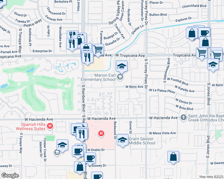 map of restaurants, bars, coffee shops, grocery stores, and more near 5048 South Rainbow Boulevard in Las Vegas