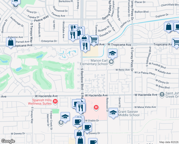 map of restaurants, bars, coffee shops, grocery stores, and more near 5072 South Rainbow Boulevard in Las Vegas