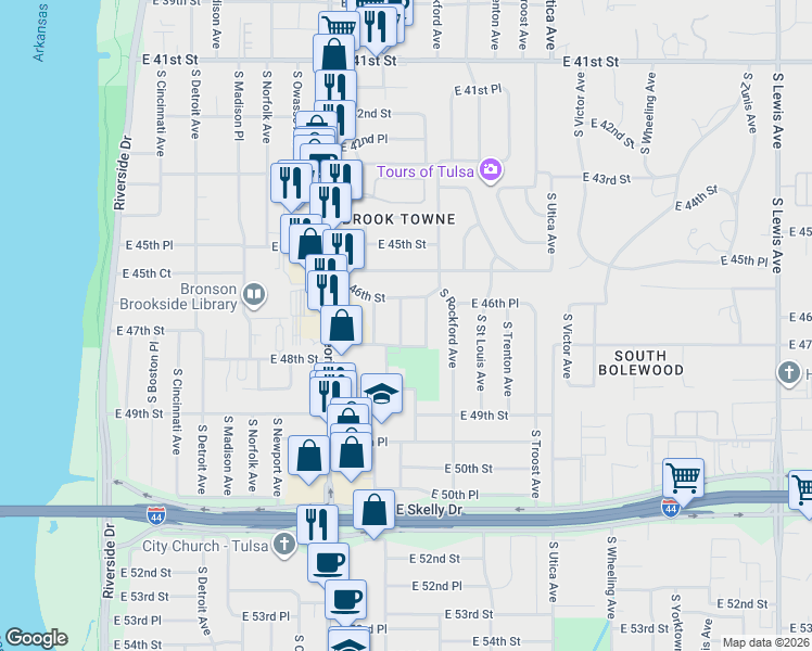 map of restaurants, bars, coffee shops, grocery stores, and more near 4622 South Quincy Avenue in Tulsa