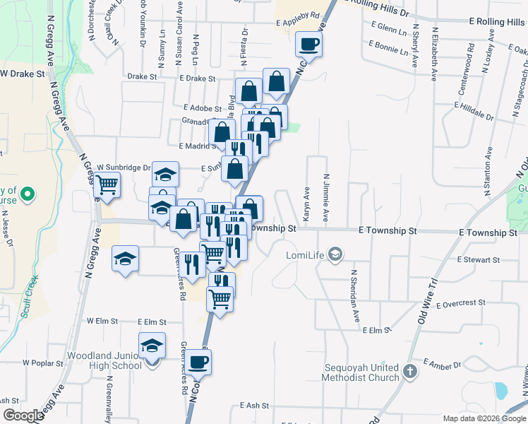 map of restaurants, bars, coffee shops, grocery stores, and more near 2406 North Shiley Drive in Fayetteville