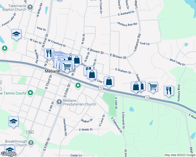 map of restaurants, bars, coffee shops, grocery stores, and more near 303 East Clay Street in Mebane