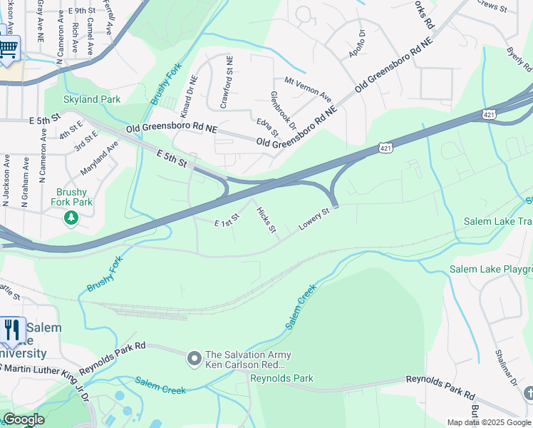 map of restaurants, bars, coffee shops, grocery stores, and more near 117 Hicks Street in Winston-Salem