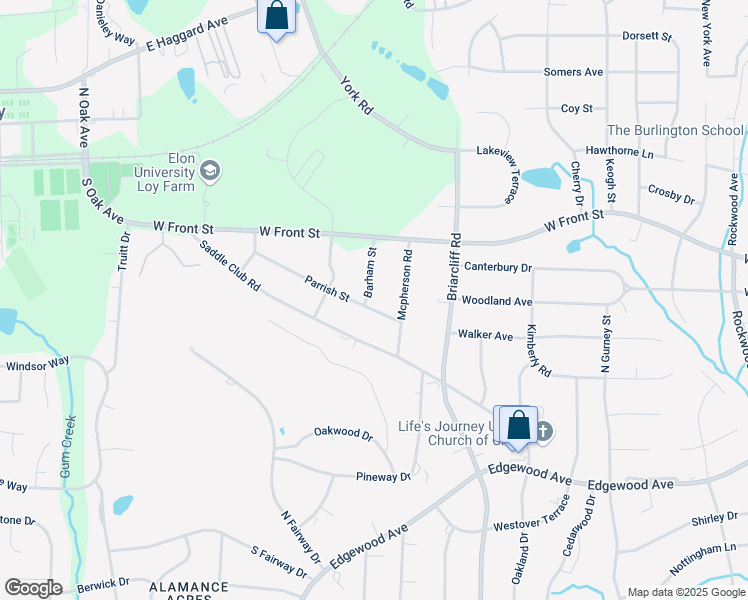 map of restaurants, bars, coffee shops, grocery stores, and more near 2407 Parrish Street in Burlington