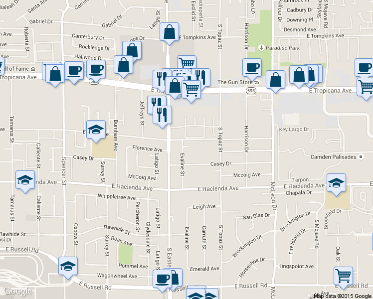 map of restaurants, bars, coffee shops, grocery stores, and more near 5140 Evaline Street in Las Vegas