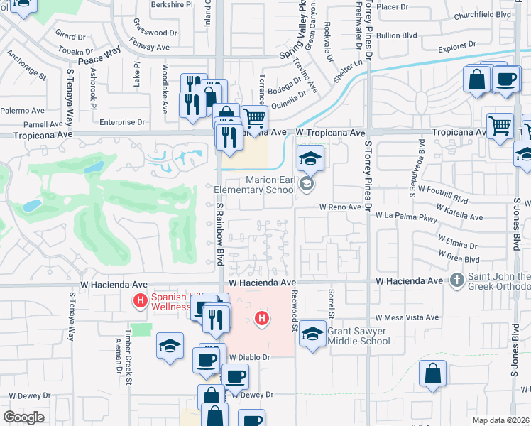 map of restaurants, bars, coffee shops, grocery stores, and more near 5054 South Rainbow Boulevard in Las Vegas