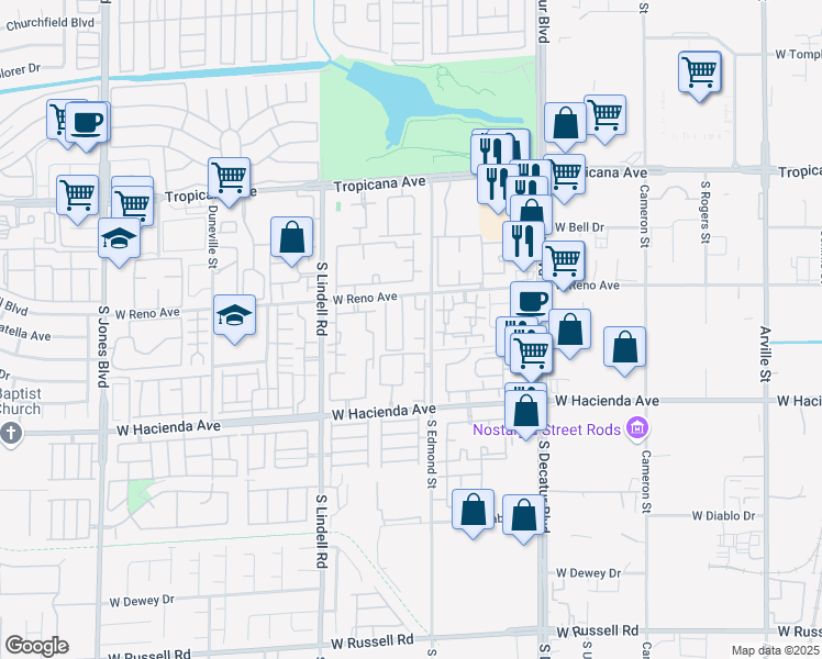 map of restaurants, bars, coffee shops, grocery stores, and more near 5225 West Reno Avenue in Las Vegas