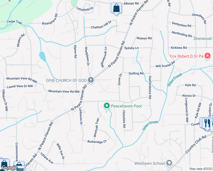 map of restaurants, bars, coffee shops, grocery stores, and more near 610 Terrybrook Court in Winston-Salem