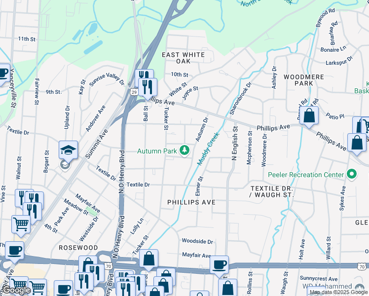 map of restaurants, bars, coffee shops, grocery stores, and more near 1720 Boone Street in Greensboro