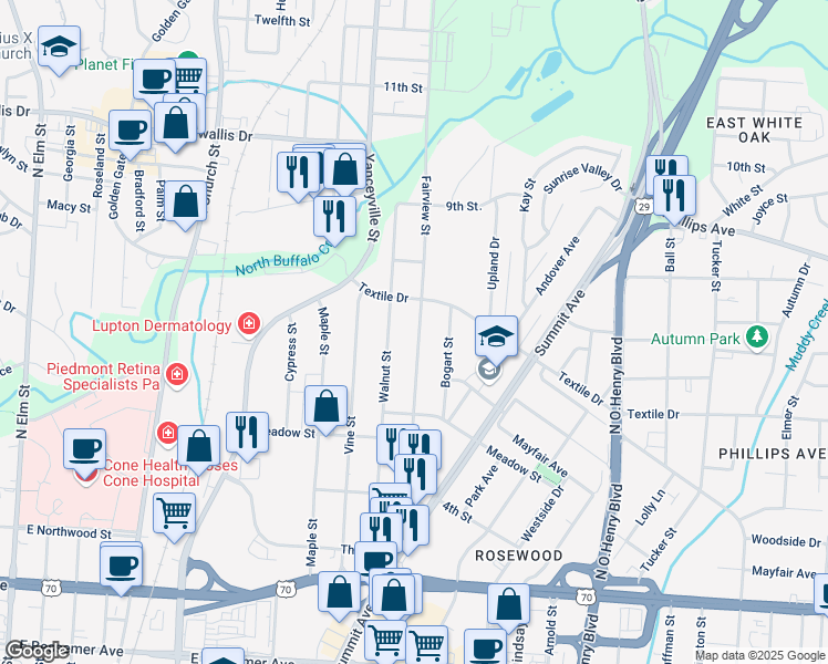 map of restaurants, bars, coffee shops, grocery stores, and more near 1415 Fairview Street in Greensboro