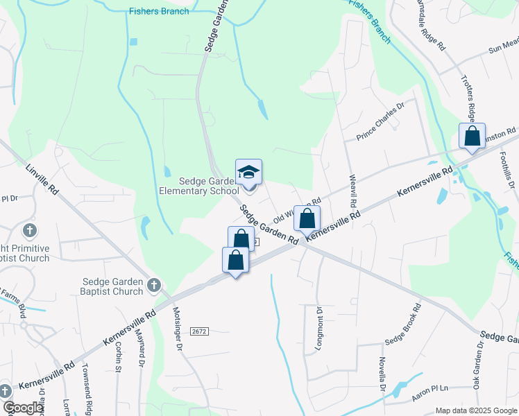 map of restaurants, bars, coffee shops, grocery stores, and more near 475 Sedge Garden Road in Kernersville