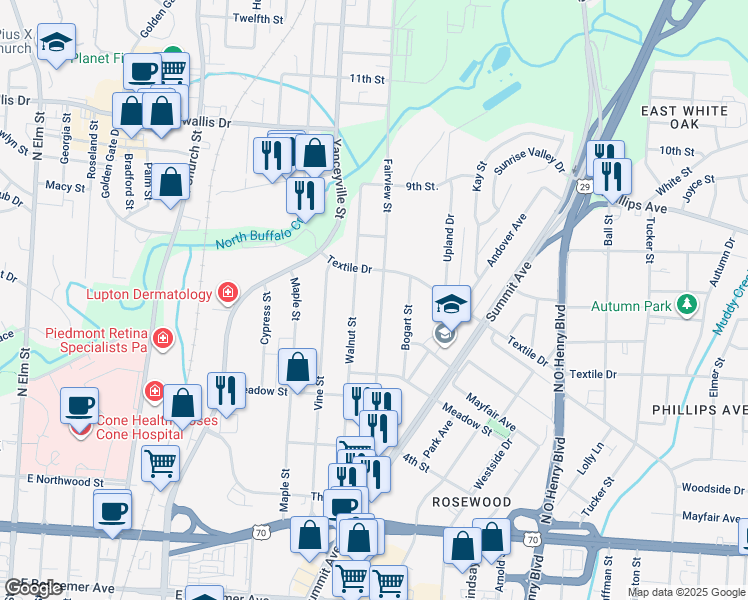 map of restaurants, bars, coffee shops, grocery stores, and more near 1415 Fairview Street in Greensboro