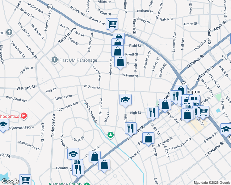 map of restaurants, bars, coffee shops, grocery stores, and more near 804 West Davis Street in Burlington