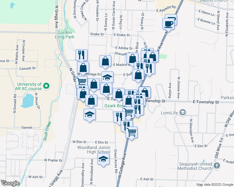 map of restaurants, bars, coffee shops, grocery stores, and more near 240 East Township Street in Fayetteville