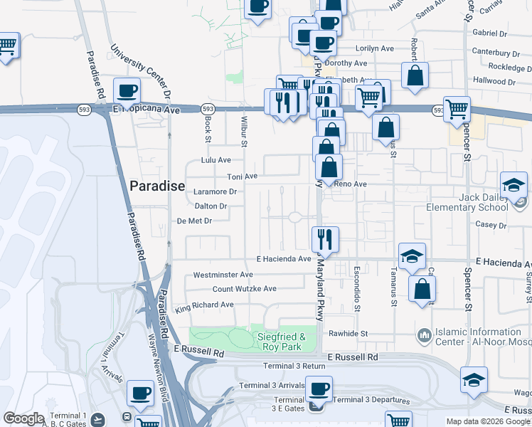 map of restaurants, bars, coffee shops, grocery stores, and more near 5155 Gray Lane in Las Vegas