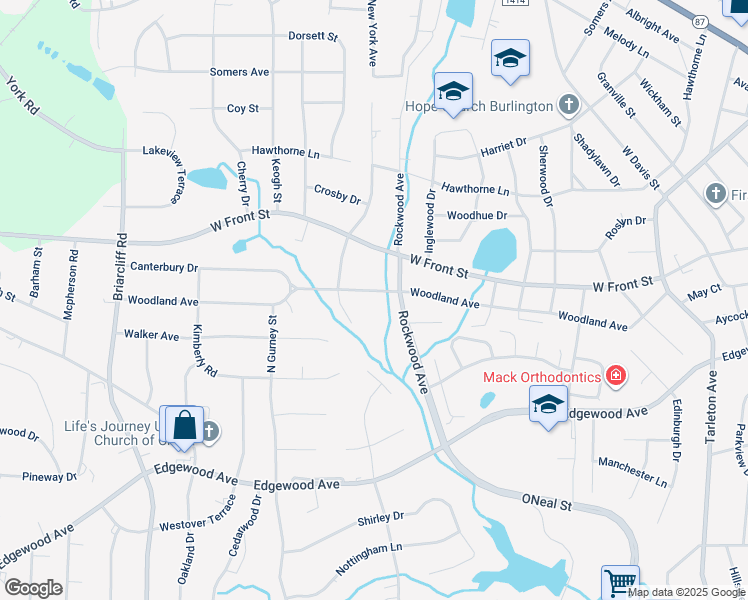 map of restaurants, bars, coffee shops, grocery stores, and more near 2014 Woodland Avenue in Burlington