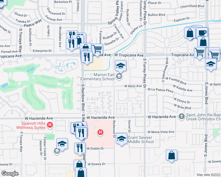 map of restaurants, bars, coffee shops, grocery stores, and more near 5048 South Rainbow Boulevard in Las Vegas
