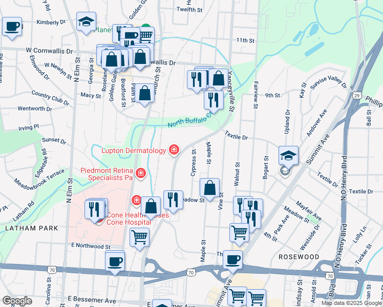 map of restaurants, bars, coffee shops, grocery stores, and more near 1413 Cypress Street in Greensboro