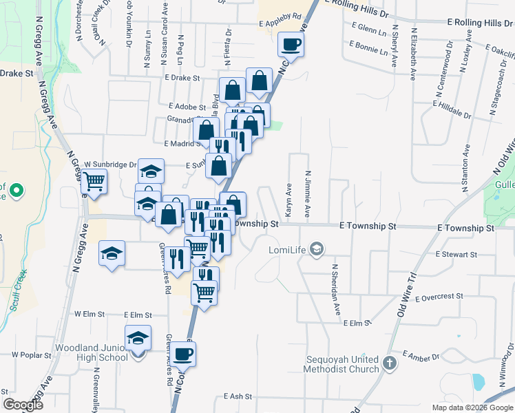 map of restaurants, bars, coffee shops, grocery stores, and more near 2449 North Brophy Circle in Fayetteville