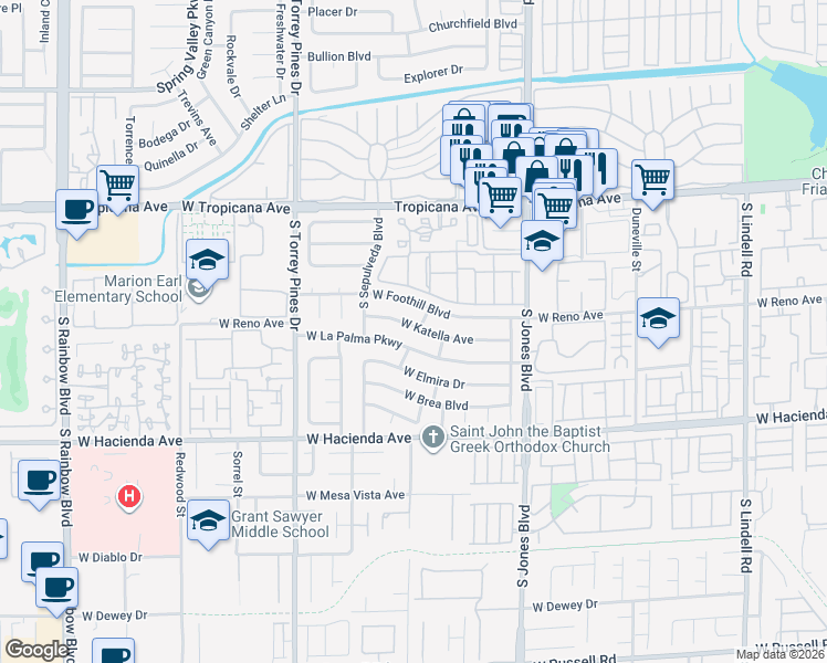 map of restaurants, bars, coffee shops, grocery stores, and more near 6309 West Katella Avenue in Las Vegas
