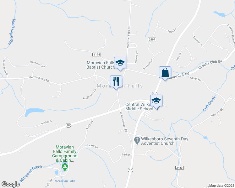 map of restaurants, bars, coffee shops, grocery stores, and more near in Moravian Falls
