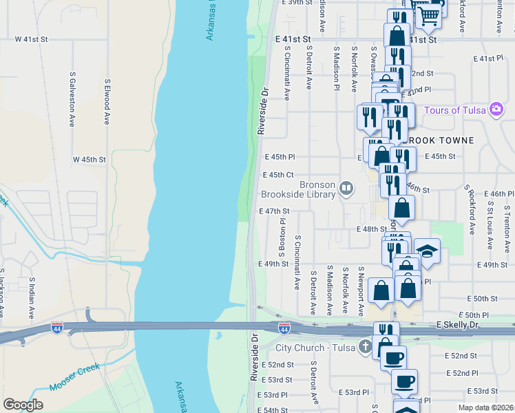 map of restaurants, bars, coffee shops, grocery stores, and more near 19 East 47th Street in Tulsa