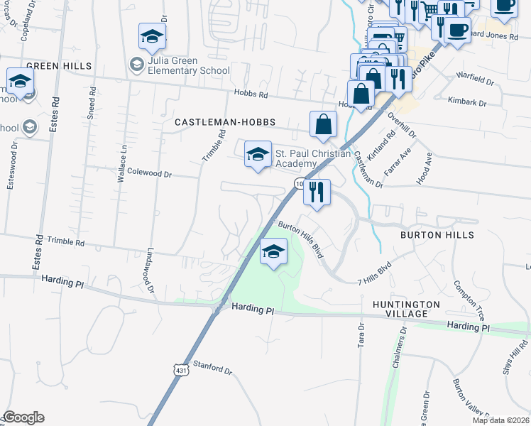 map of restaurants, bars, coffee shops, grocery stores, and more near 100 Jefferson Square in Nashville