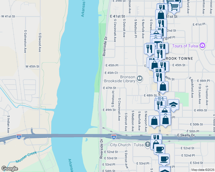 map of restaurants, bars, coffee shops, grocery stores, and more near 19 East 47th Street in Tulsa