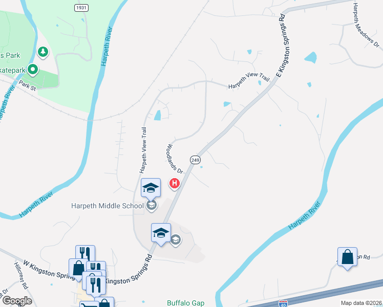map of restaurants, bars, coffee shops, grocery stores, and more near 230 Woodlands Drive in Kingston Springs