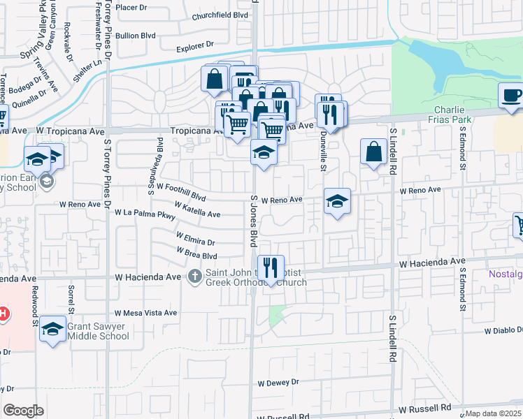 map of restaurants, bars, coffee shops, grocery stores, and more near 5174 South Jones Boulevard in Las Vegas
