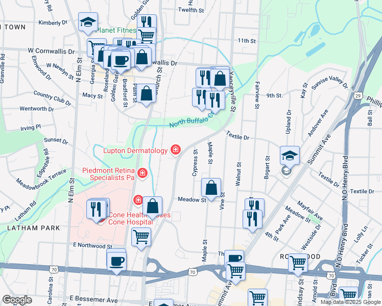 map of restaurants, bars, coffee shops, grocery stores, and more near 1413 Cypress Street in Greensboro