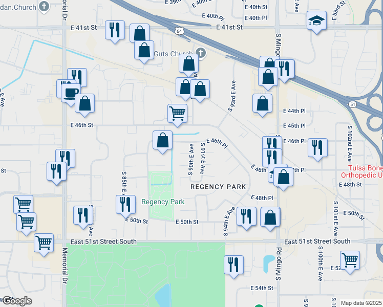 map of restaurants, bars, coffee shops, grocery stores, and more near 4617 South 90th East Avenue in Tulsa