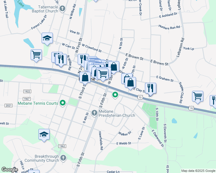 map of restaurants, bars, coffee shops, grocery stores, and more near in Mebane
