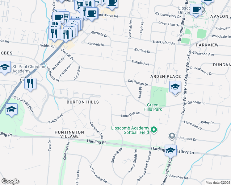 map of restaurants, bars, coffee shops, grocery stores, and more near 1914 Randolph Place in Nashville