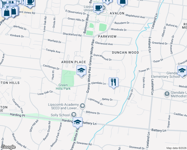 map of restaurants, bars, coffee shops, grocery stores, and more near 103 Glendower Court in Nashville