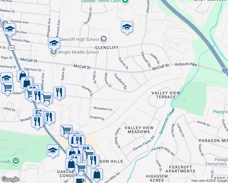 map of restaurants, bars, coffee shops, grocery stores, and more near 3343 Mimosa Drive in Nashville