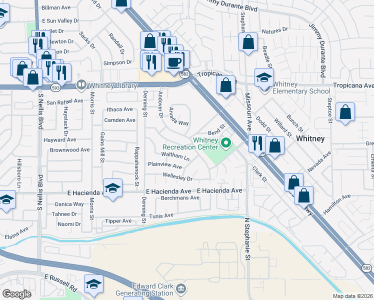 map of restaurants, bars, coffee shops, grocery stores, and more near 5583 Northridge Lane in Las Vegas