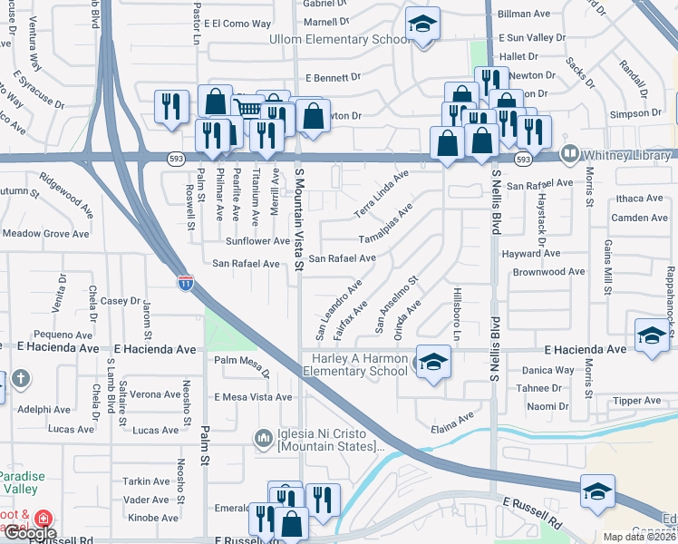 map of restaurants, bars, coffee shops, grocery stores, and more near 4718 Livermore Avenue in Las Vegas