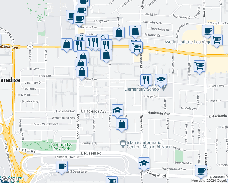 map of restaurants, bars, coffee shops, grocery stores, and more near 1498 Tamareno Circle in Las Vegas