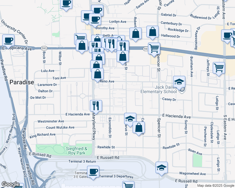 map of restaurants, bars, coffee shops, grocery stores, and more near 1364 Pattee Circle in Las Vegas