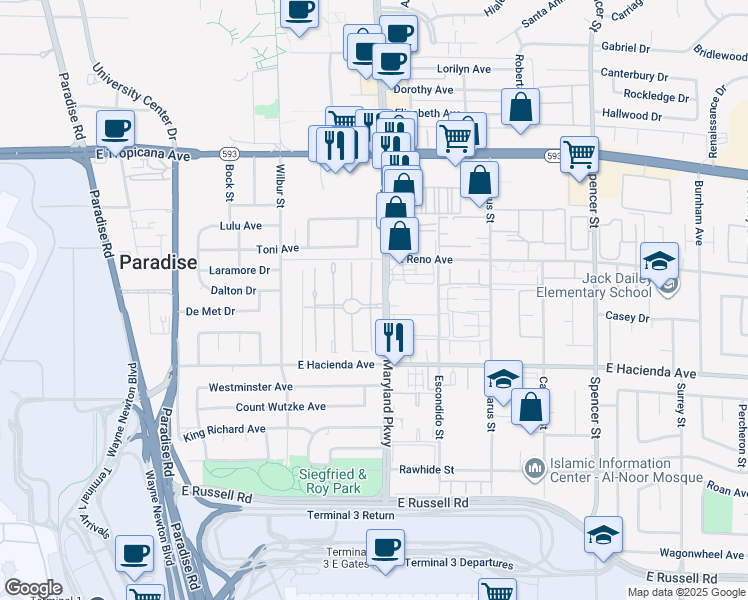 map of restaurants, bars, coffee shops, grocery stores, and more near 5158 Garden Lane in Las Vegas