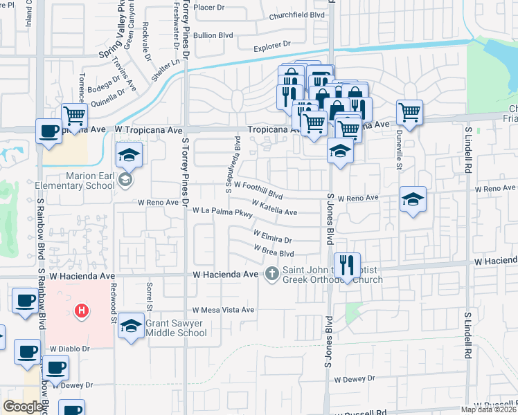 map of restaurants, bars, coffee shops, grocery stores, and more near 6309 West Katella Avenue in Las Vegas