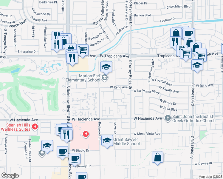 map of restaurants, bars, coffee shops, grocery stores, and more near 1060 Redwood Street in Las Vegas