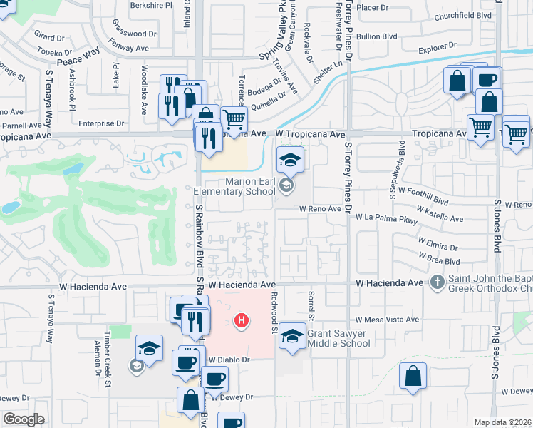 map of restaurants, bars, coffee shops, grocery stores, and more near 5050 South Rainbow Boulevard in Las Vegas
