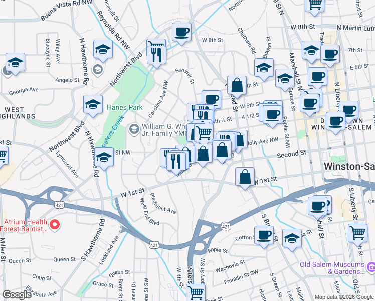 map of restaurants, bars, coffee shops, grocery stores, and more near 940 Burke Street in Winston-Salem