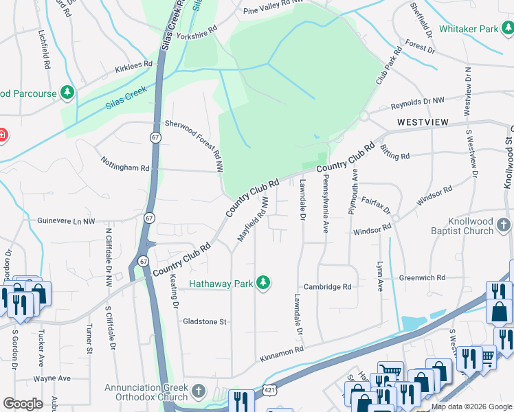 map of restaurants, bars, coffee shops, grocery stores, and more near 3304 Mayfield Court in Winston-Salem