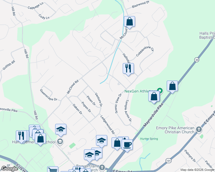map of restaurants, bars, coffee shops, grocery stores, and more near 4407 Mace Lane in Knoxville